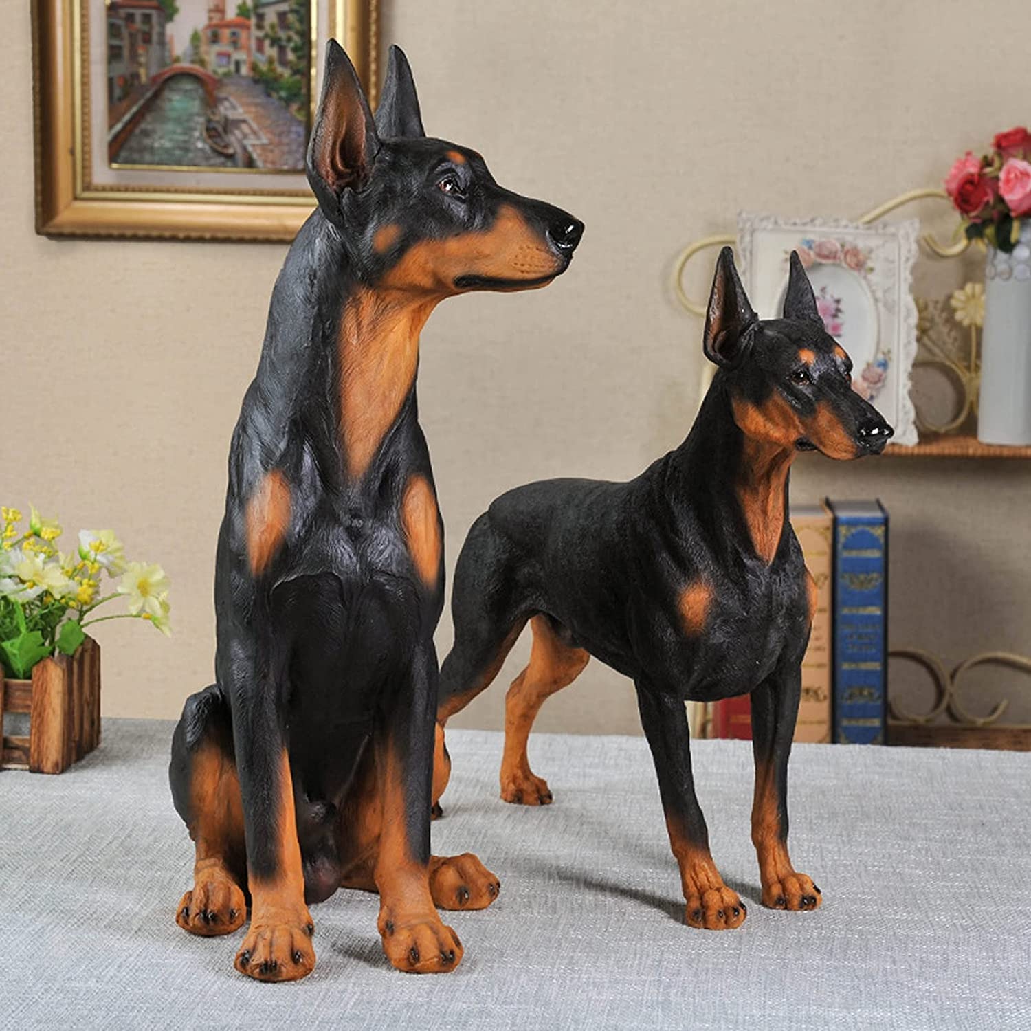 ZXM  Garden Ornaments, Realistic Doberman Dog Statue, Animal Memorial Figurines, Resin Sculpture Waterproof, Decorated in Outdoor Home Courtyard Grass,Sitting