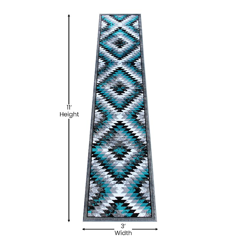 Masada Rugs Masada Rugs Stephanie Collection 3'x11' Area Rug Runner with Distressed Southwest Native American Design 1106 in Turquoise， Gray， Black and White