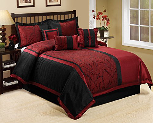 7 Piece LETICIA Tree Branches jacquard Burgundy Black Clearance bedding Comforter Set Fade Resistant， Wrinkle Free， No Ironing Necessary， Super Soft， All Size- Queen King Cal.King Size (Queen)