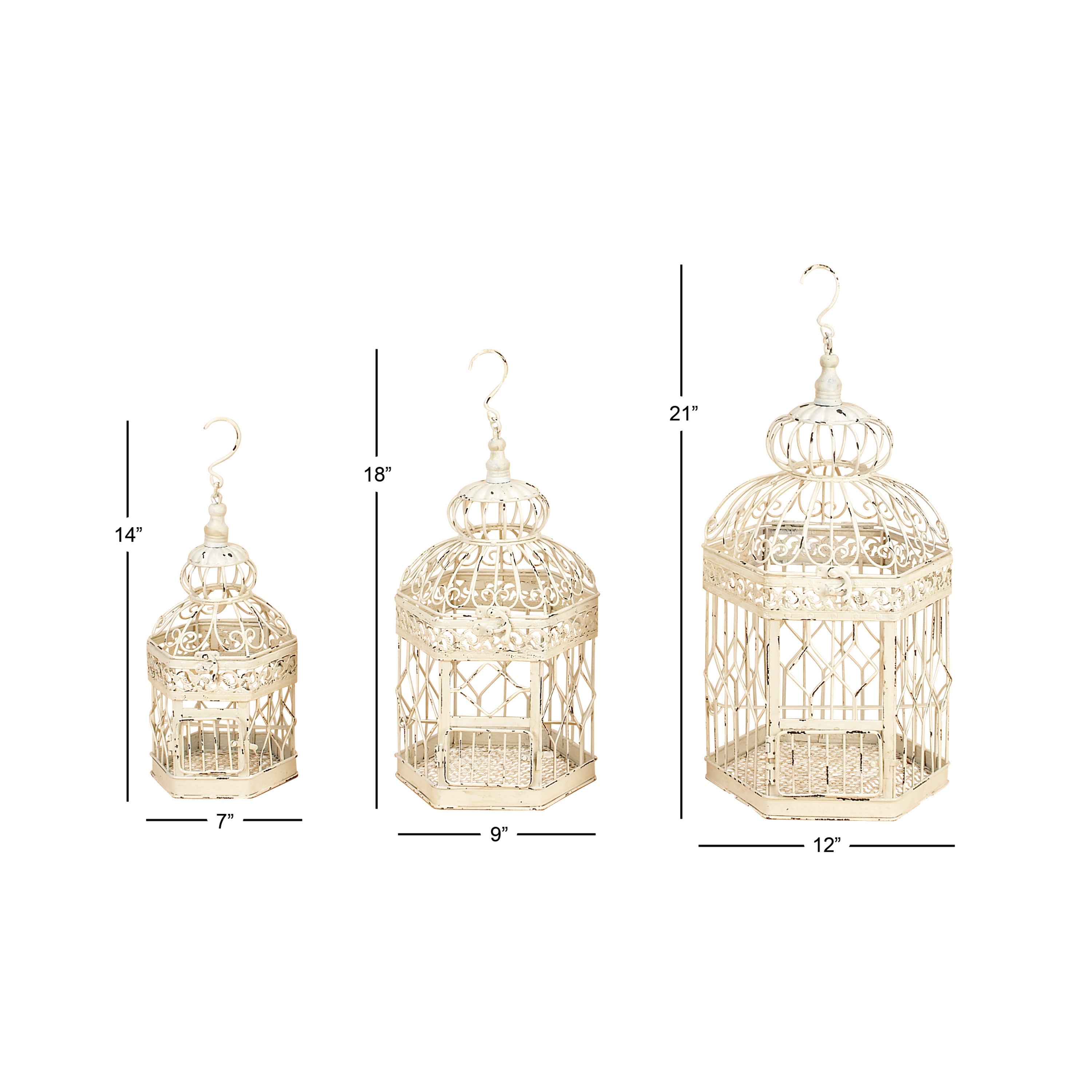 DecMode Indoor Outdoor Hinged Top White Metal Birdcage with Latch Lock Closure and Hanging Hook， Set of 3