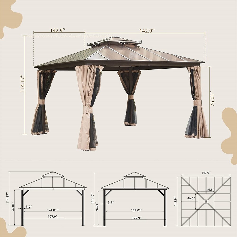 Brown 12 x 12 ft Hardtop Gazebo with Ventilated Polycarbonate Double Roof  Sturdy Aluminum Frame