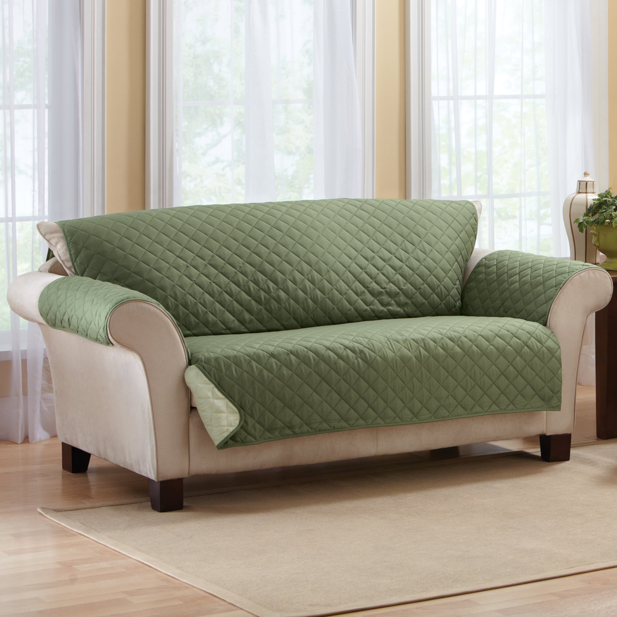 Collections Etc Reversible Quilted Furniture Cover, Sofa, Olive/Sage