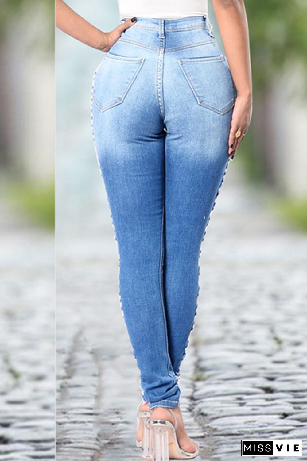 Blue Casual Broken Holes Jeans