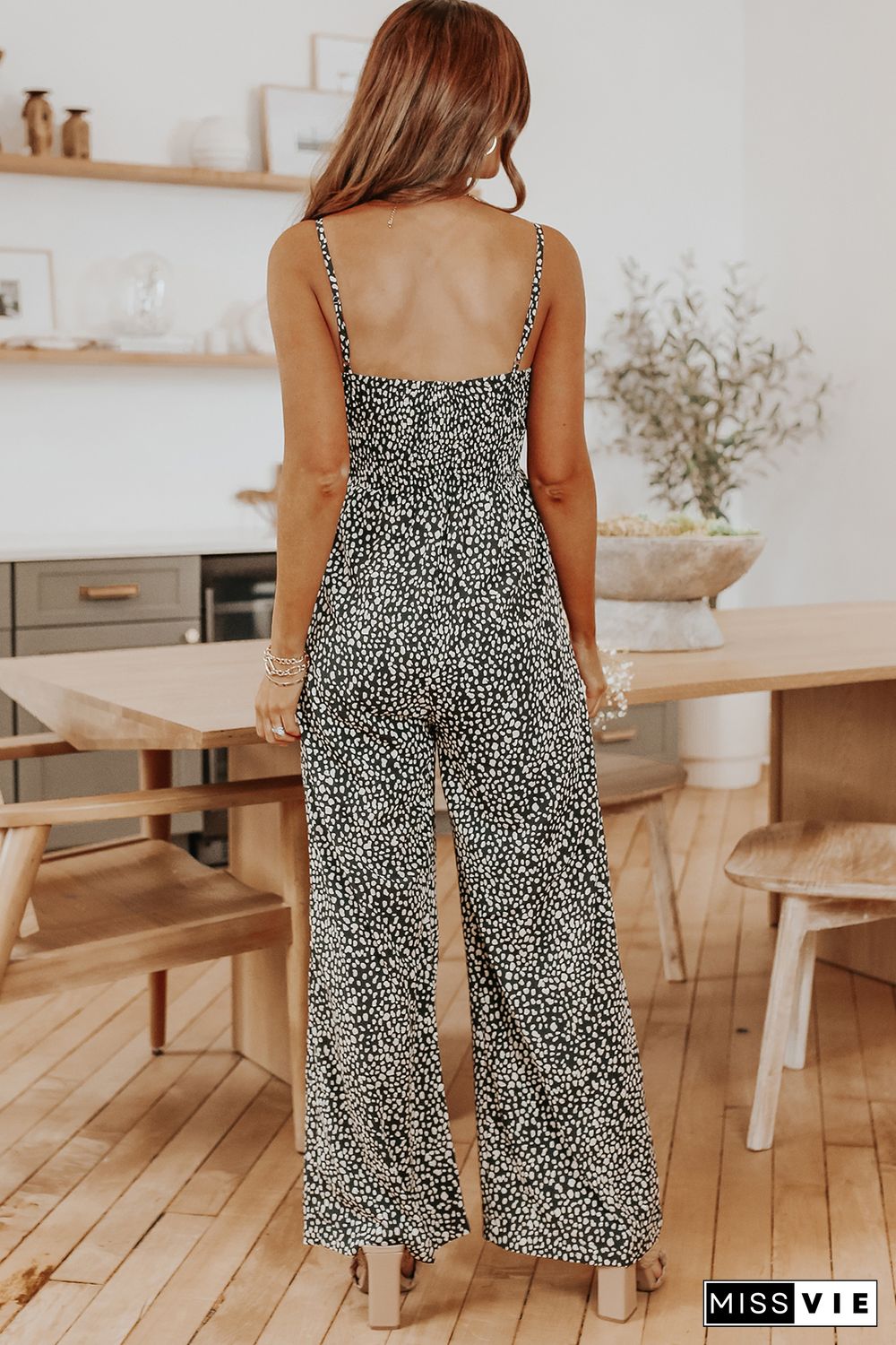 Black Dotted Print Cut Out Spaghetti Straps Jumpsuit