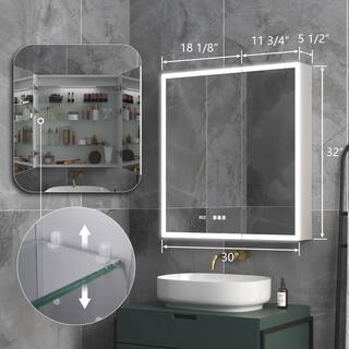 ExBrite 30 in. W x 32 in. H Silver Aluminum Recessed or Surface Mount Medicine Cabinet with Mirror LED and Clock DHMC3032V6TX