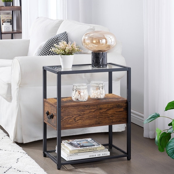 Modern Narrow Tempered Glass End Side Table/Tall Nightstand with Drawer and Shelf (Set of 2 )