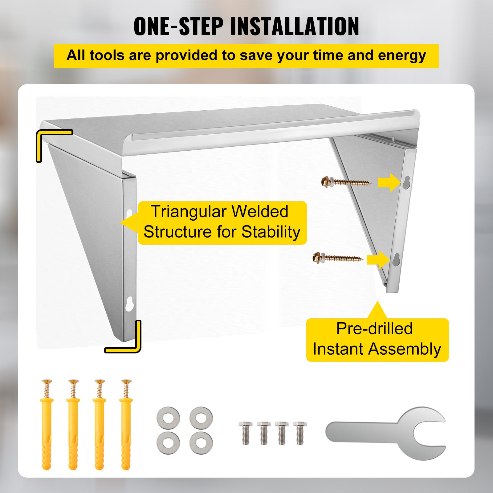 VEVOR Stainless Steel Wall Shelf, 12'' x 24'', 110 lbs Load Heavy Duty Commercial Wall Mount Shelving w/ Backsplash and 2 Brackets for Restaurant, Home, Kitchen, Hotel, Laundry Room, Bar