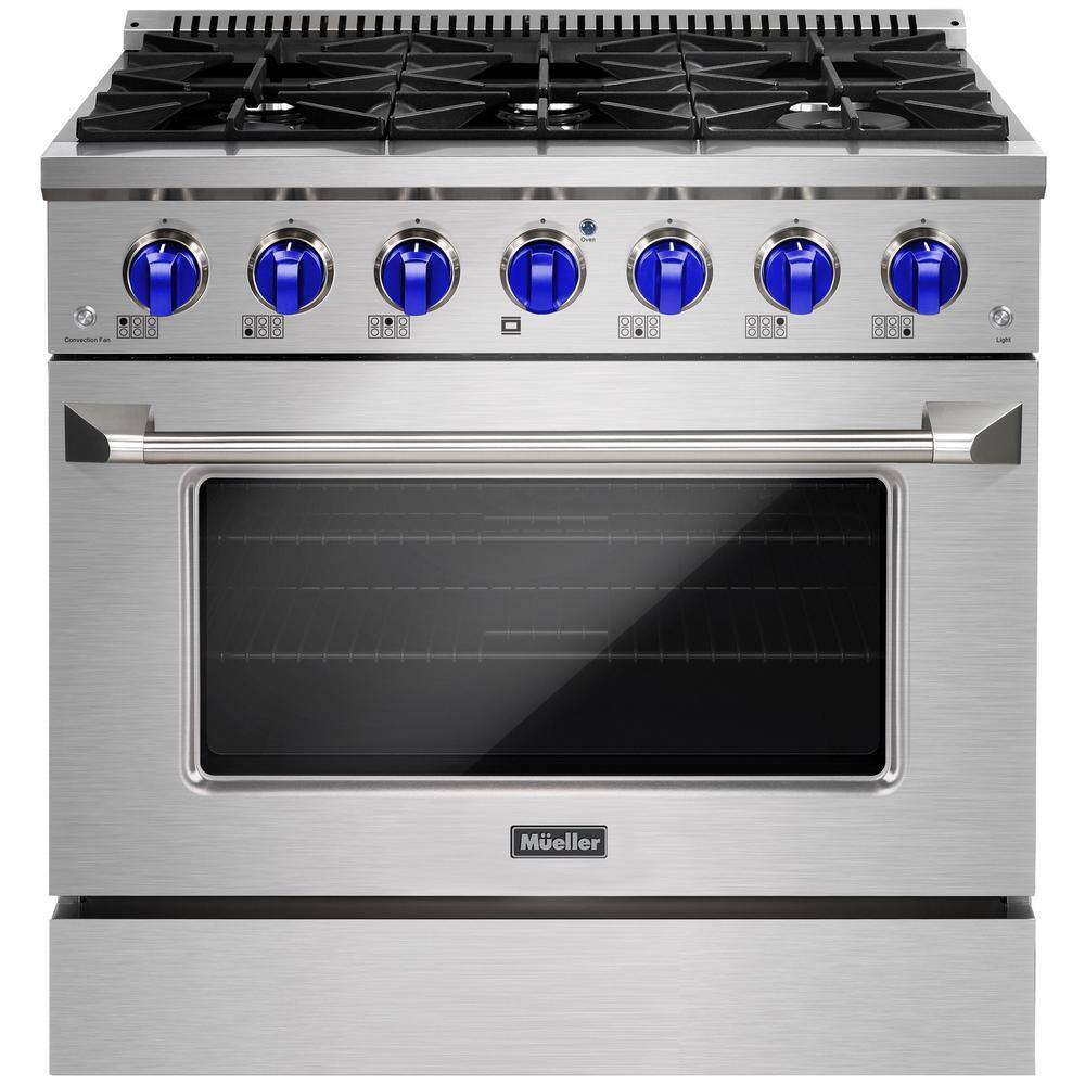 MUELLER 36 in. 5.2 cu. ft. Freestanding Gas Range with 6 Burners and Convection Oven in Stainless Steel with Blue Knobs GR-600B