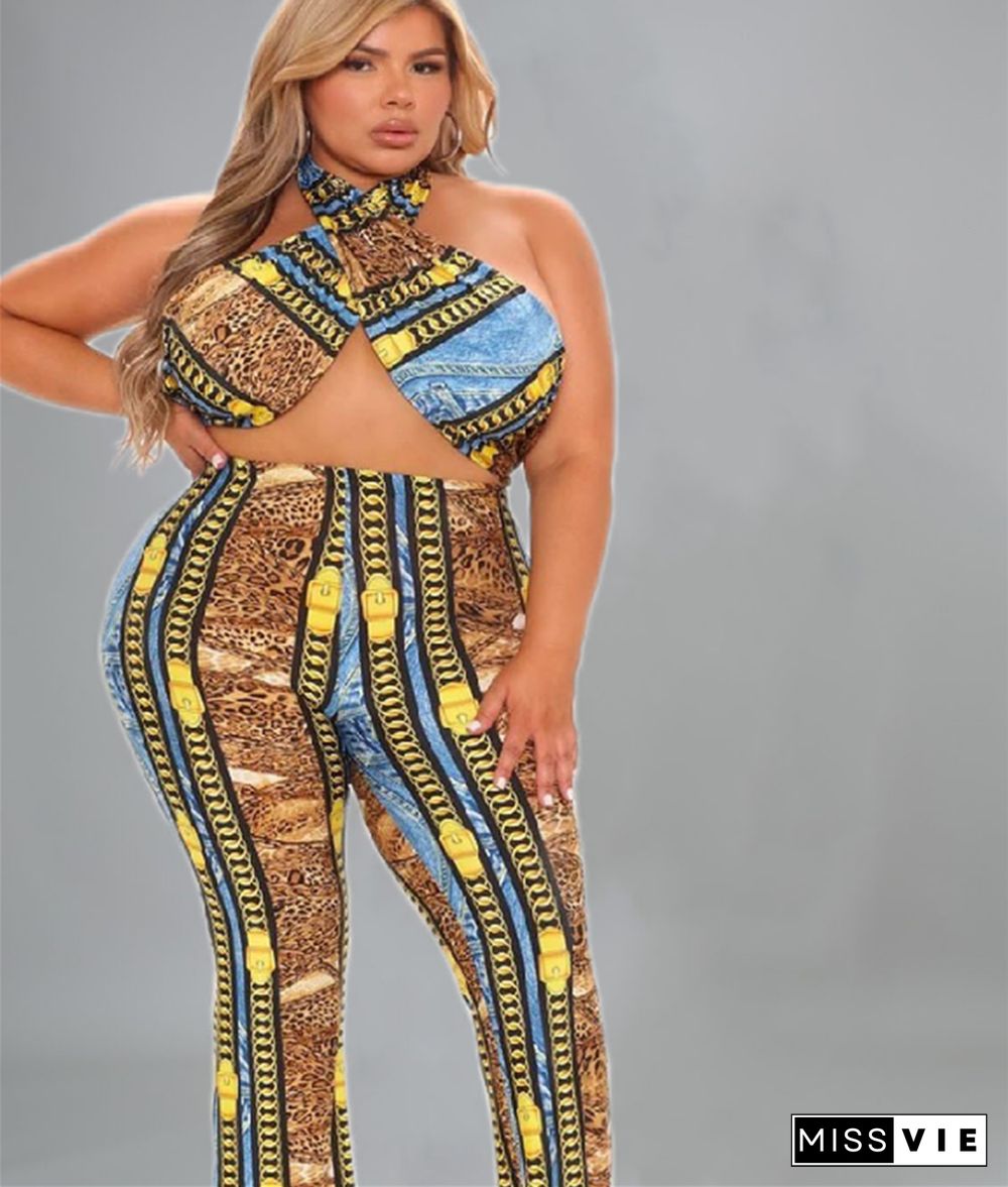 Printed Cross Wrap Halter Crop Top Wide Leg Pants Set