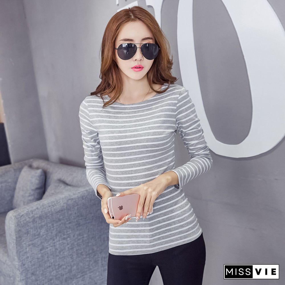 Cotton T-shirt Women New Autumn Long Sleeve O-Neck Striped Female T-Shirt White Casual Basic Classic Tops