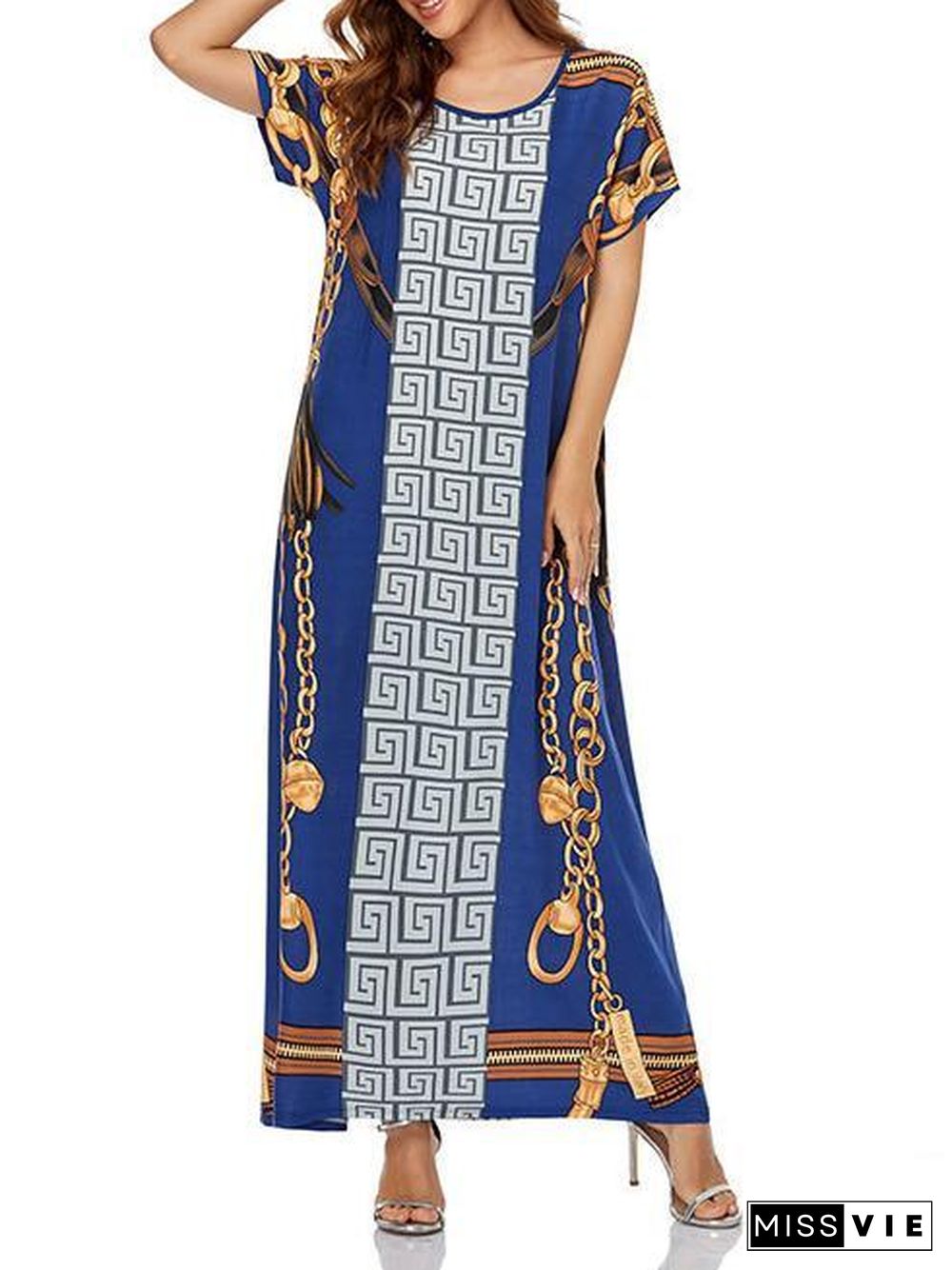 Women's Scoop Neck Short Sleeve Printed Midi Dress