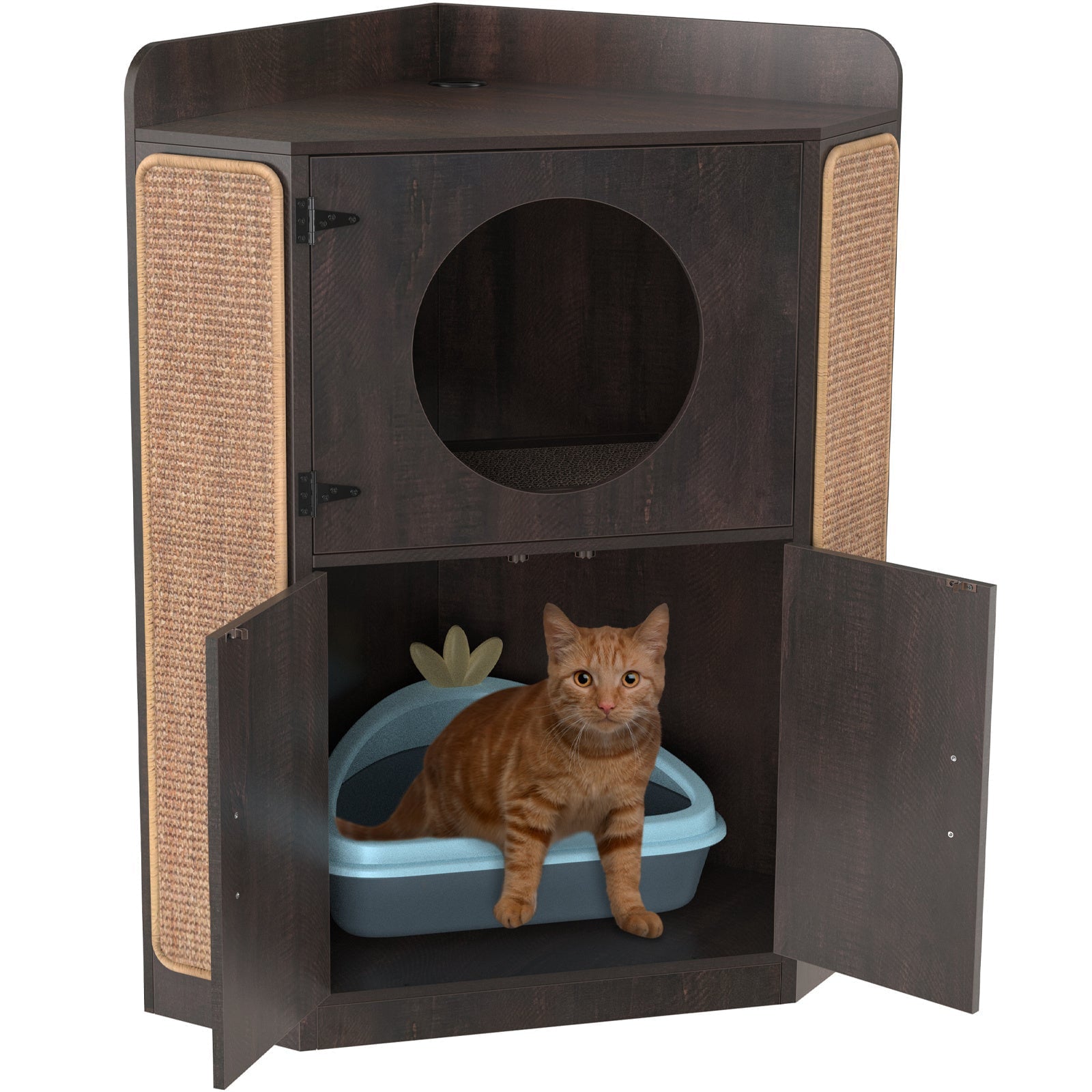 GDLF Litter Box Enclosure， Corner Furniture Style Cat House with Scratch Pad and 2 Corner Litter Boxes Included