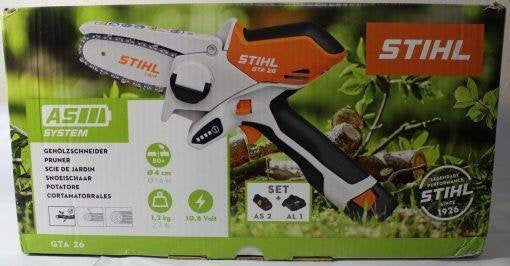 STIHL GTA 26 PRUNER CHAINSAW W/CARRYING CASE, BATTERY AND CHARGER.