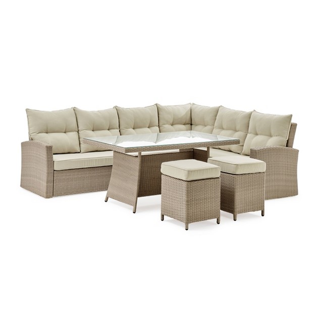 Canaan 4pc All Weather Wicker Outdoor Deep Seat Dining Sectional Set Cream Alaterre Furniture