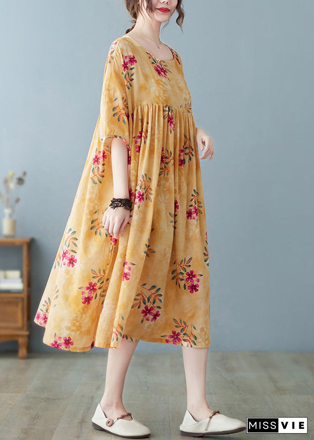 Cute Yellow Patchwork Print Cotton Holiday Maxi Dresses Summer