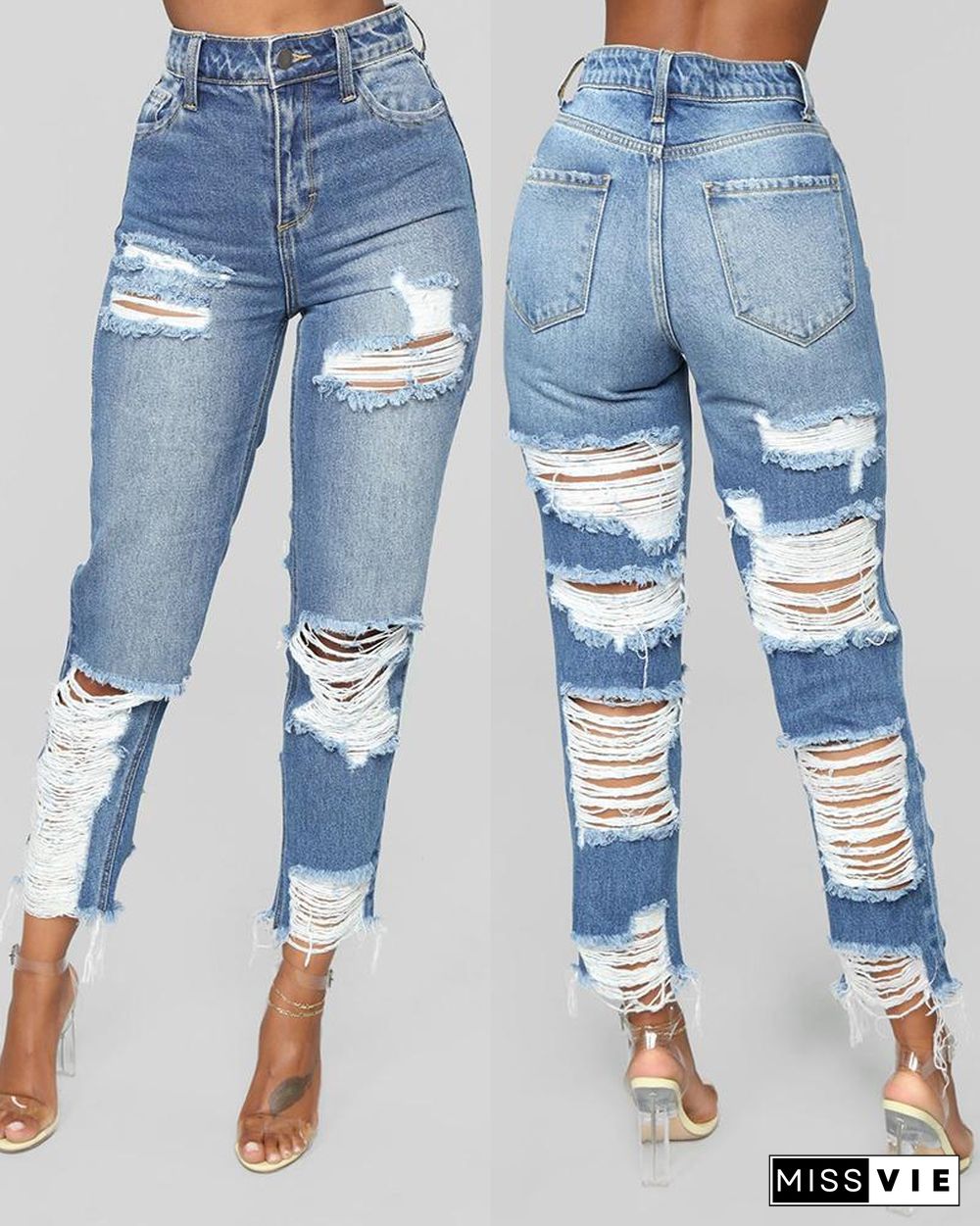 Fringe Hem Ladder Cutout High Waist Jeans P12078