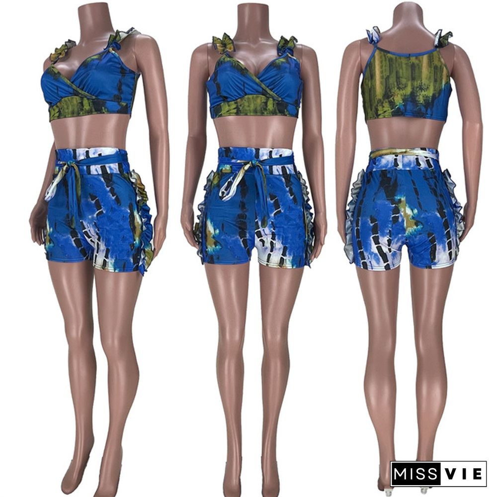 Women Tie-dye Print Sleeveless Crop Top Shorts Two Piece Outfits