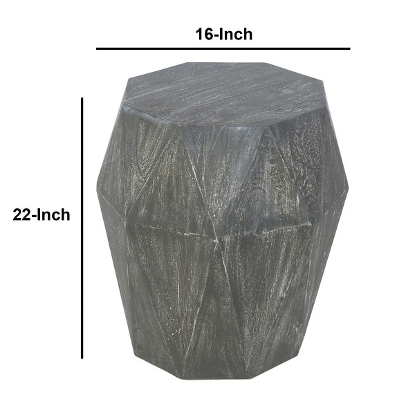 22 Inch Mango Wood Side End Table with Octagonal Faceted for Bedroom， Living Room， Chiseled Edges， Rustic Gray