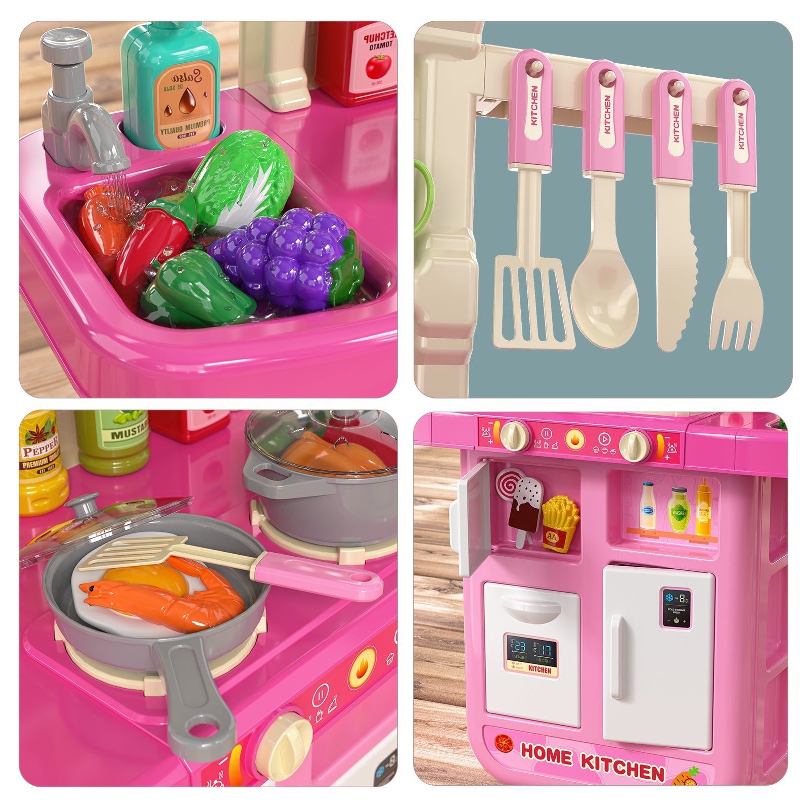 TEMI Play Kitchen Girls Toy Pretend Food - Kitchen Toys for Kids Ages 4-8, Kitchen Set for Toddlers 1-3, Play Kitchen Accessories w/ Real Sounds Light, for Girls Boys Age 2 3 4 5 6 7(36.3x24x11)