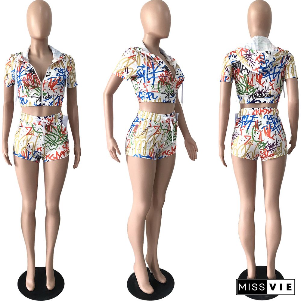 Graffiti Print Zip Up Crop Top Bodycon Shorts Sets