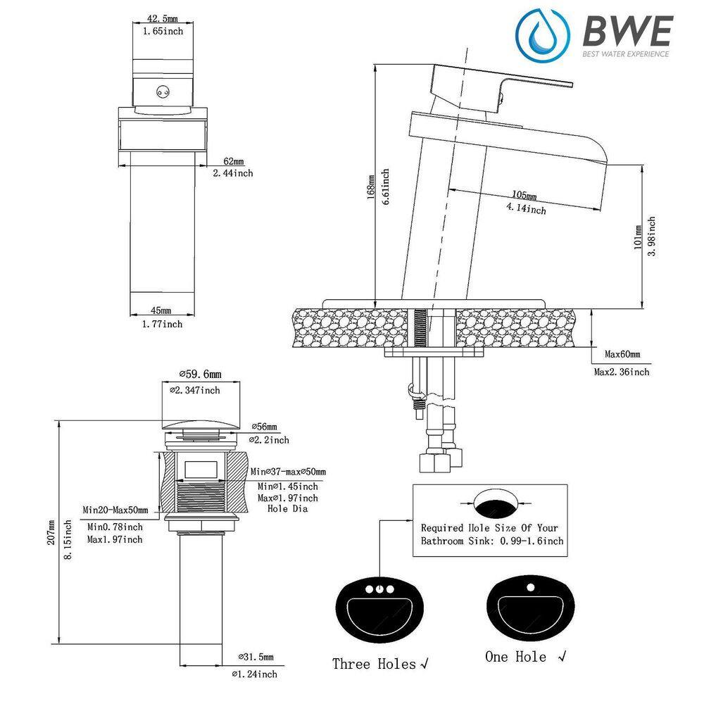 BWE Waterfall Single Hole Single-Handle Low-Arc Bathroom Faucet With Pop-up Drain Assembly in Matte Black A-96009-Black