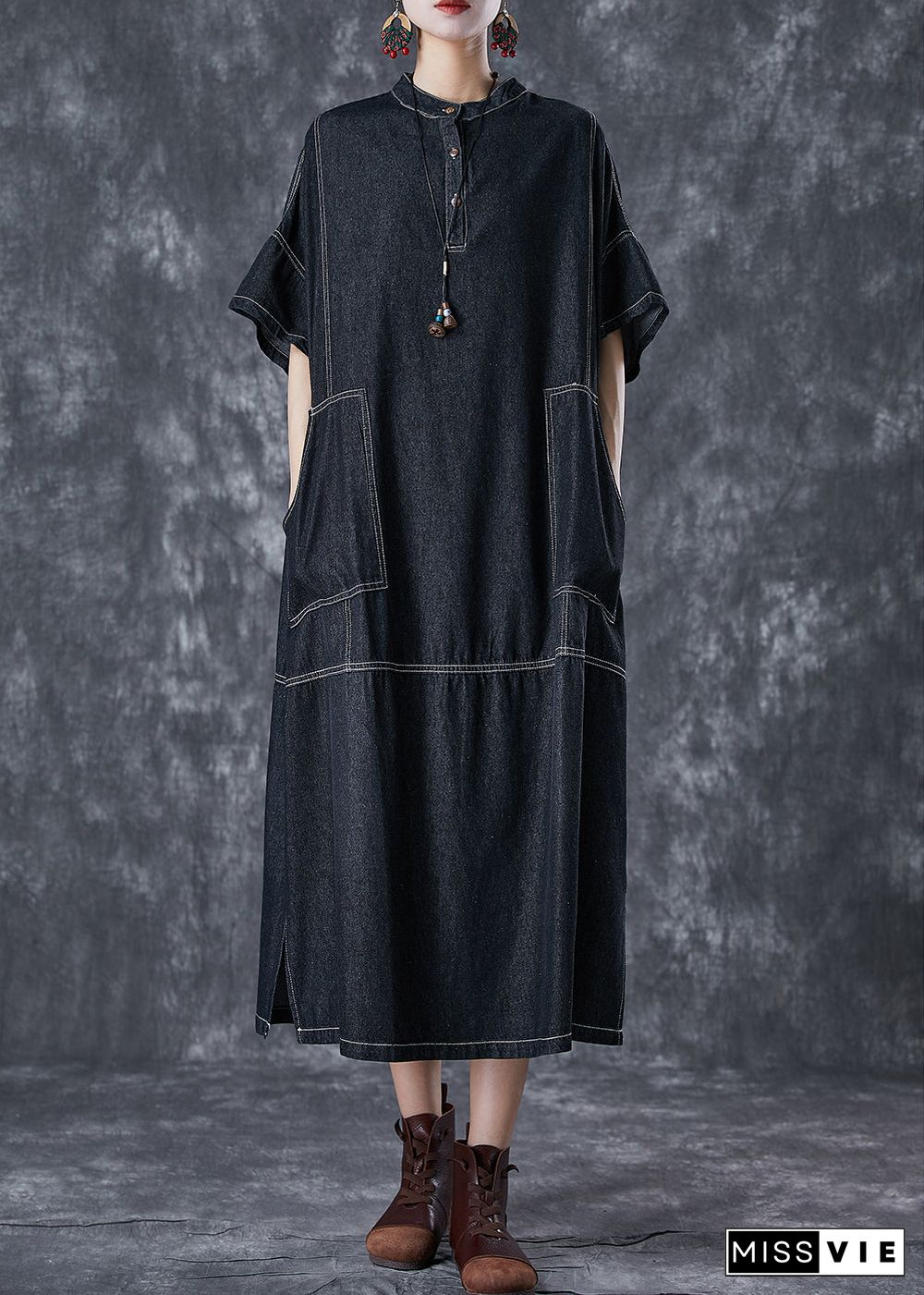 Black Denim Vacation Dresses Stand Collar Pockets Summer