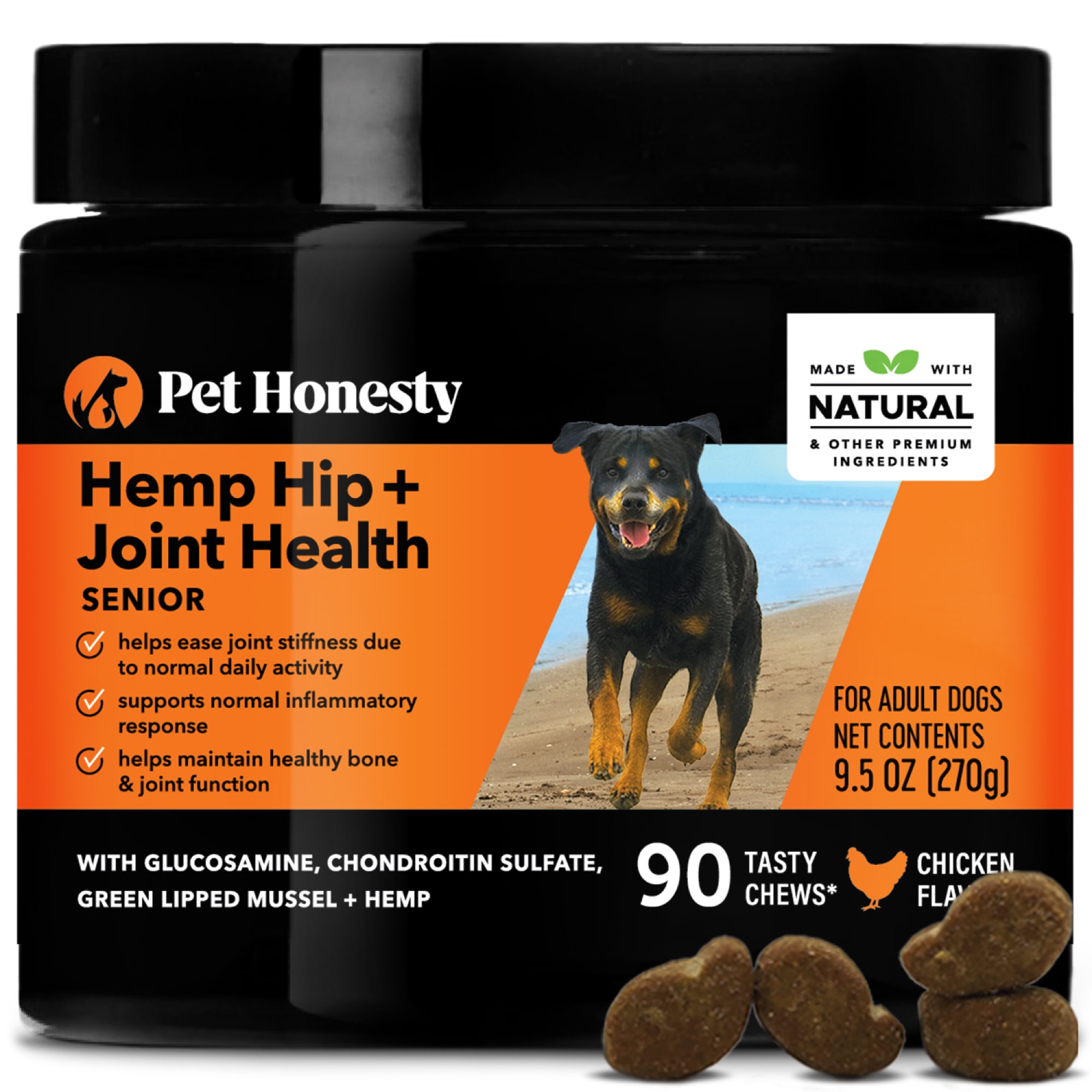 Pet Honesty Hemp Hip + Joint Health Senior Soft Chews for Dogs， Count of 90