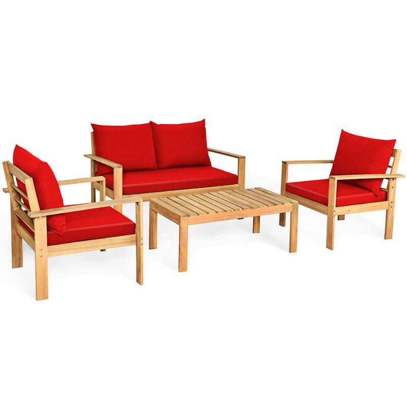 Outdoor 4 Pieces Acacia Wood Chat Set with Water Resistant Cushions