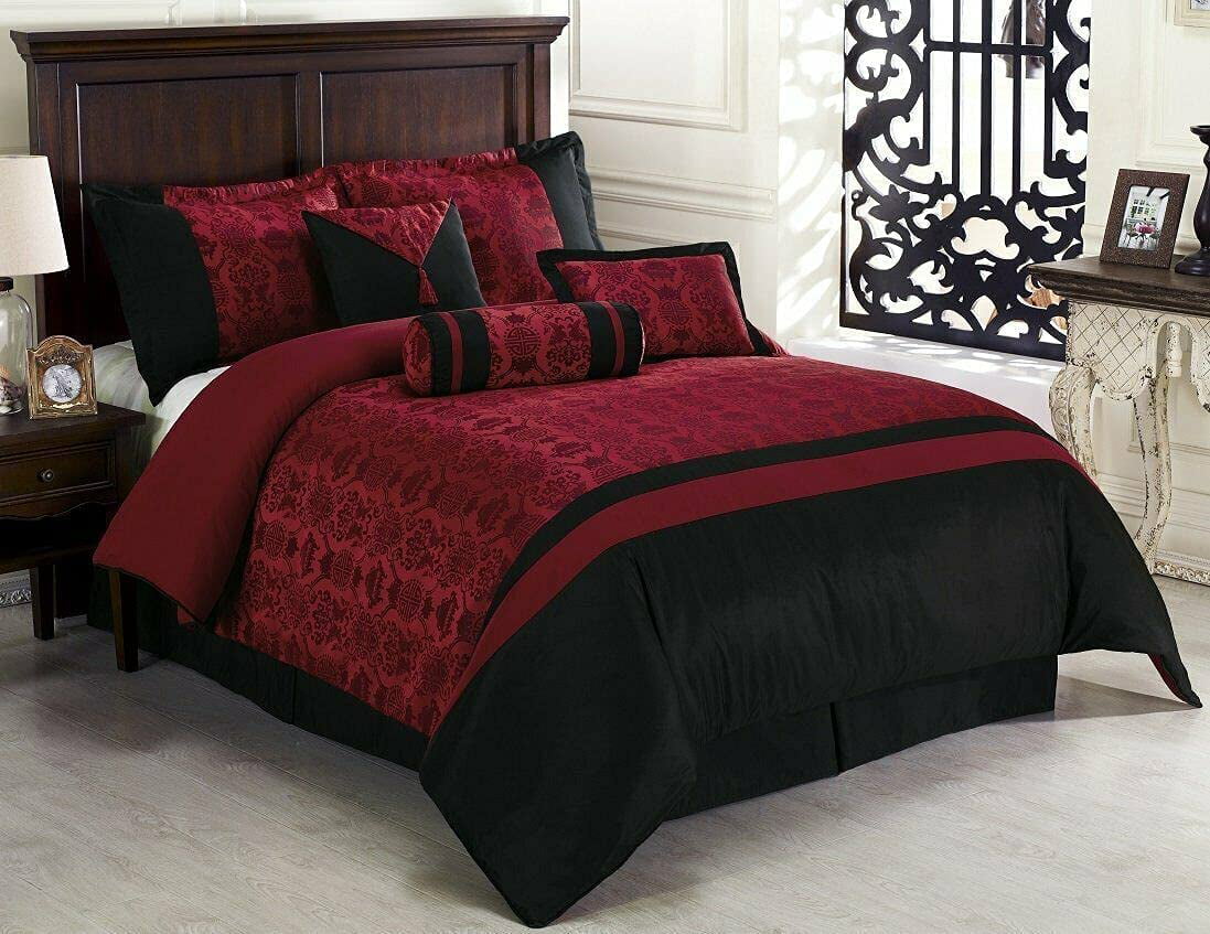 Chezmoi Collection Dynasty 7-Piece Jacquard Oriental Comforter Set， King， Red/Black