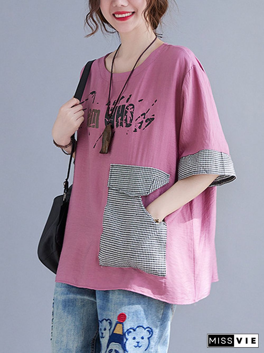 Original Letter Print Split-Joint Round-Neck T-Shirts Tops