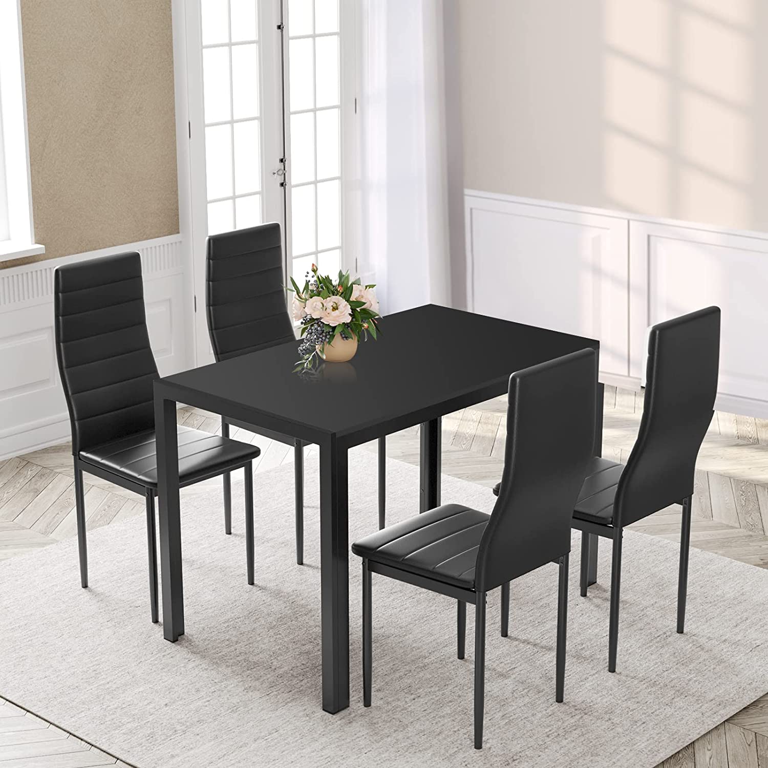 Arlopu 5-Piece Dining Table Set for 4, Tempered Glass Tabletop and 4 Faux Leather Chairs, for Kitchen, Dining Room