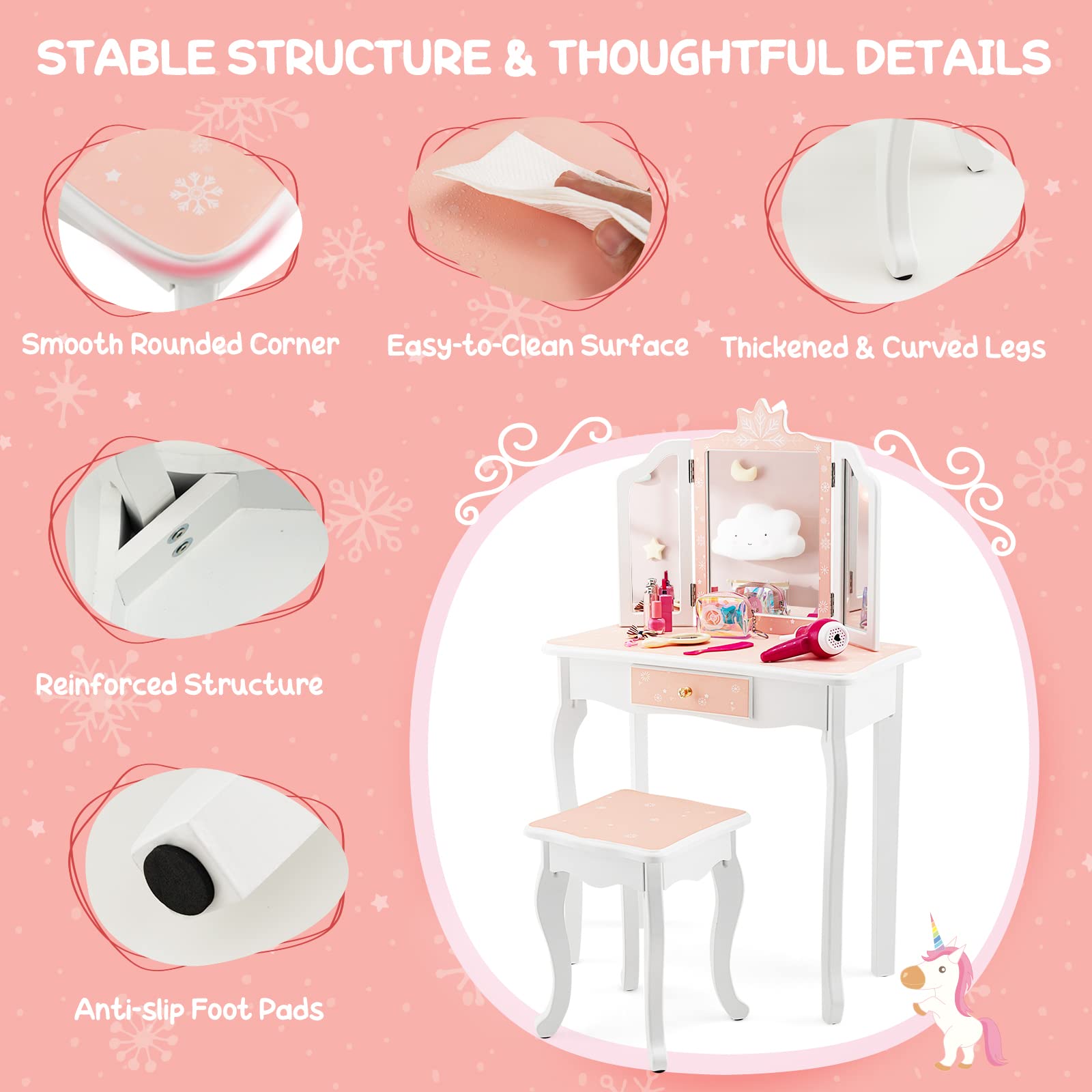 Costzon Kids Vanity Table and Chair Set, Girls Vanity Set with Mirror and Stool, Pretend Play Vanity Set for Little Girls