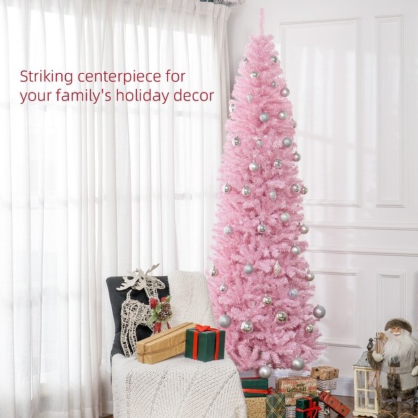 HOMCOM 8' Tall Unlit Slim Douglas Fir Artificial Christmas Tree with 1168 Realistic Branch Tips，Pink