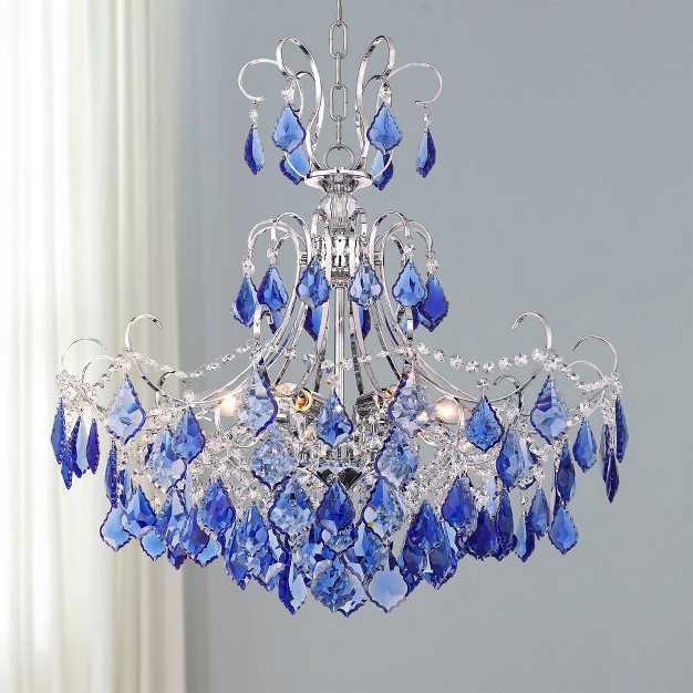 Wide French Blue Crystal 6 light Fixture For Dining Room House Foyer Kitchen Island Entryway Bedroom