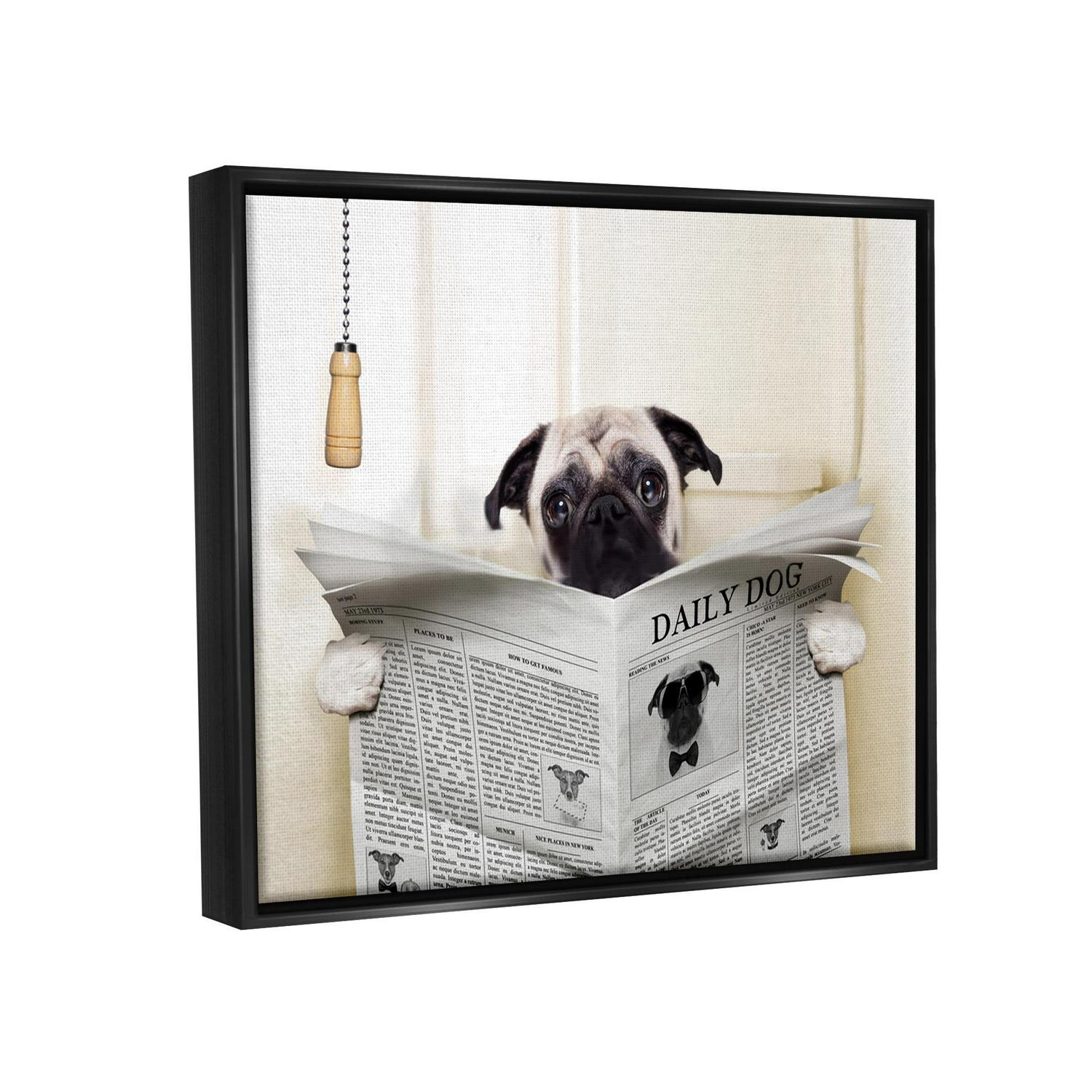 Stupell Industries Pug Reading Newspaper in Bathroom Jet Black Framed Floating Canvas Wall Art， 16and#215;20， by In House