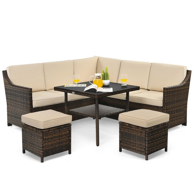 Tangkula 6pcs Patio Rattan Furniture Set All weather Sectional Cushioned Sofa Ottoman Dining Table Lower Shelf