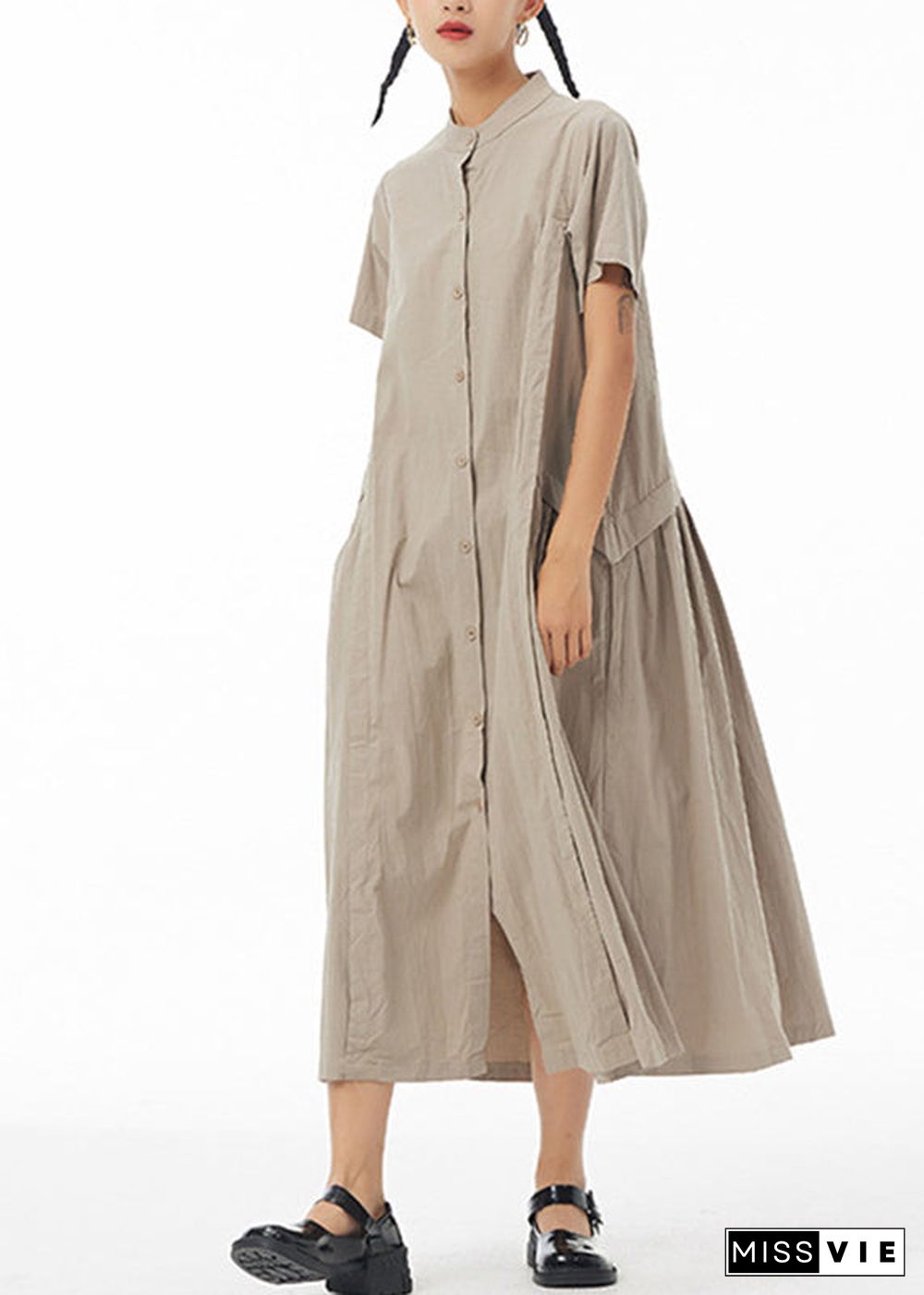 Casual Khaki Stand Collar Button Solid Cotton Long Shirt Dress Summer