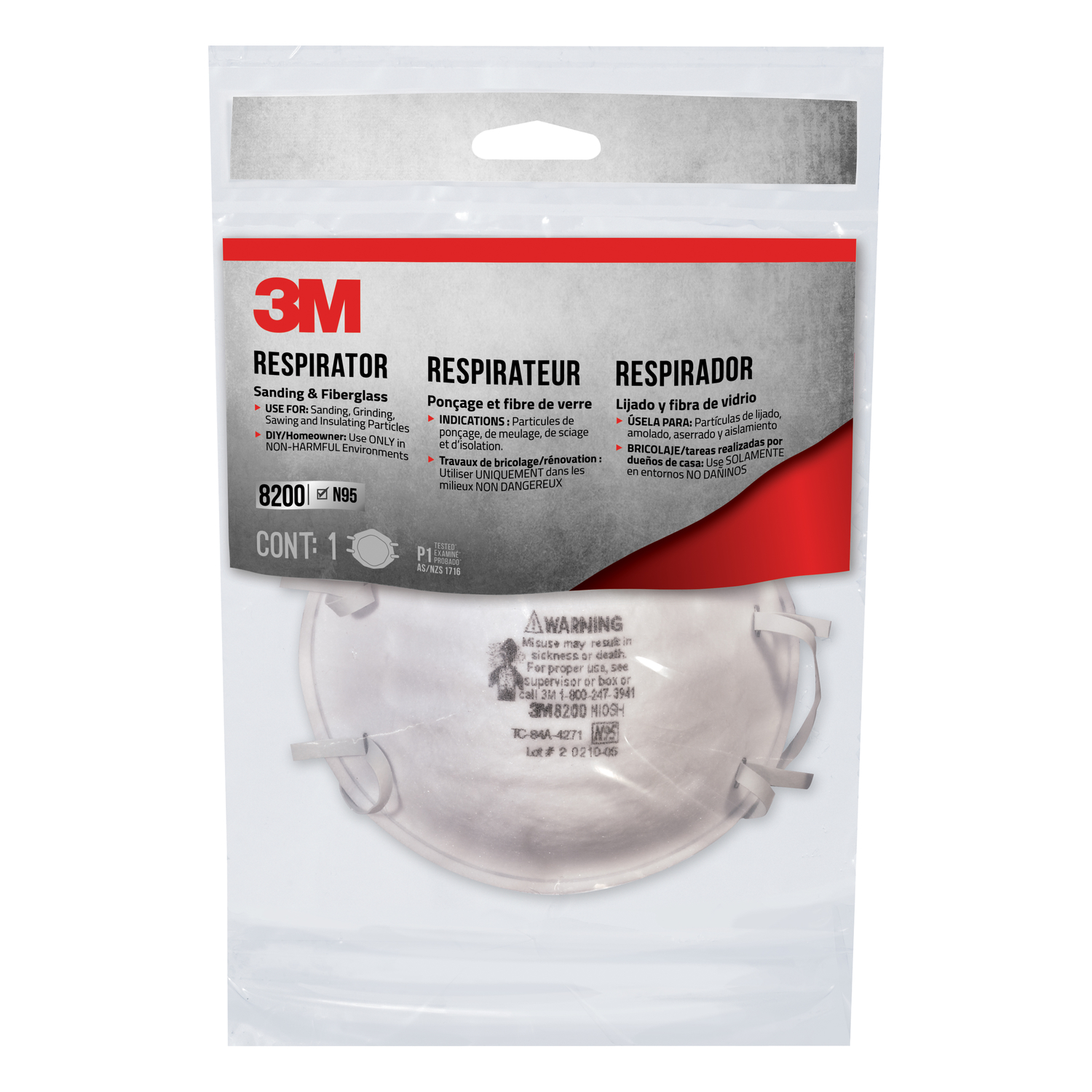 3M N95 Sanding and Fiberglass Cup Disposable Respirator White One Size Fits All 1 pk