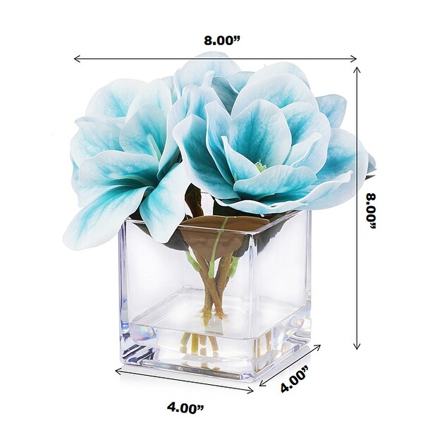 Enova Home Artificial Real Touch Magnolia Faux Flowers Arrangement in Cube Glass Vase with Faux Water Home Wedding Decoration