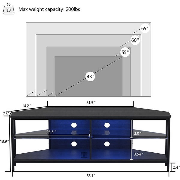 Corner TV Stand for 55 Inch TV， Corner TV Stand with LED Lights and Power Outlet， Corner Entertainment Center