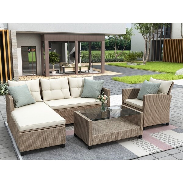 4Piece Classic Conversation Set，Wicker Rattan Patio Sofa with Cushions