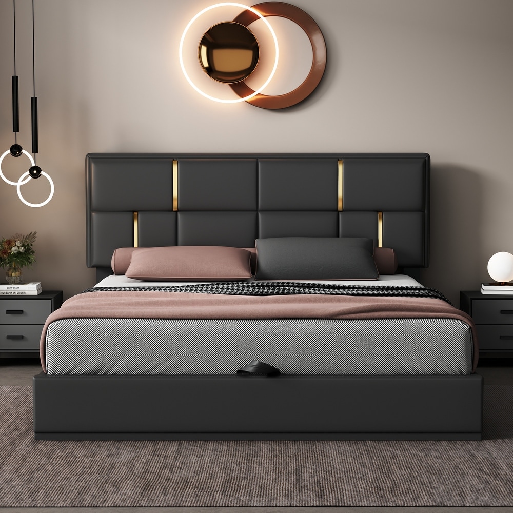 Queen Size Storage Platform Bed Noise Free Bed Frame with Hydraulic Storage System and Rectangular Pattern Headboard