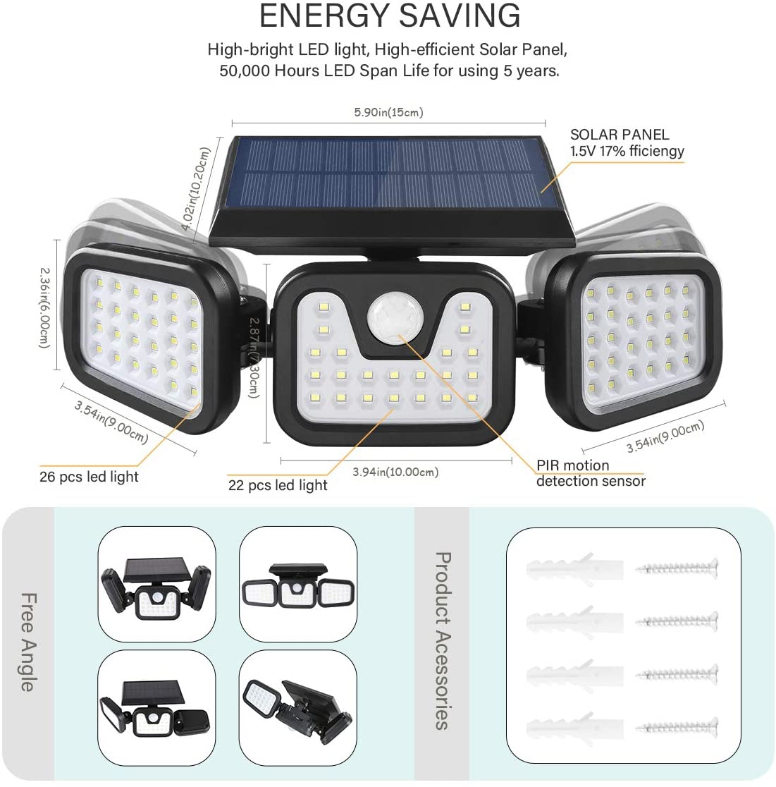 Yi Lighting， Outdoor Solar Security Light， Cordless LED Flood Light， 3 Adjustable Heads， Weatherproof 74 LEDs 800LM