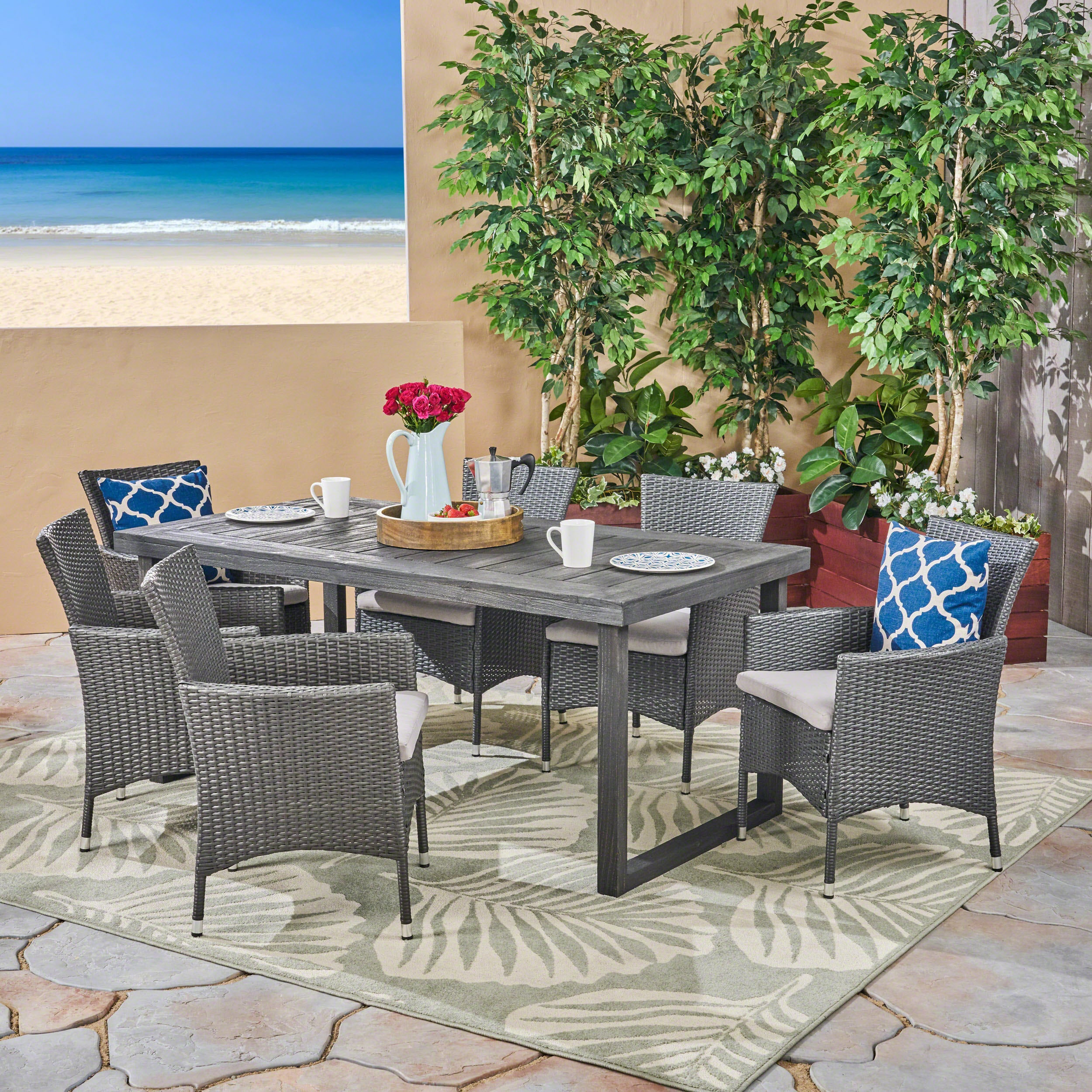 Agnes Outdoor 6-Seater Gray Wood & Wicker Dining Set