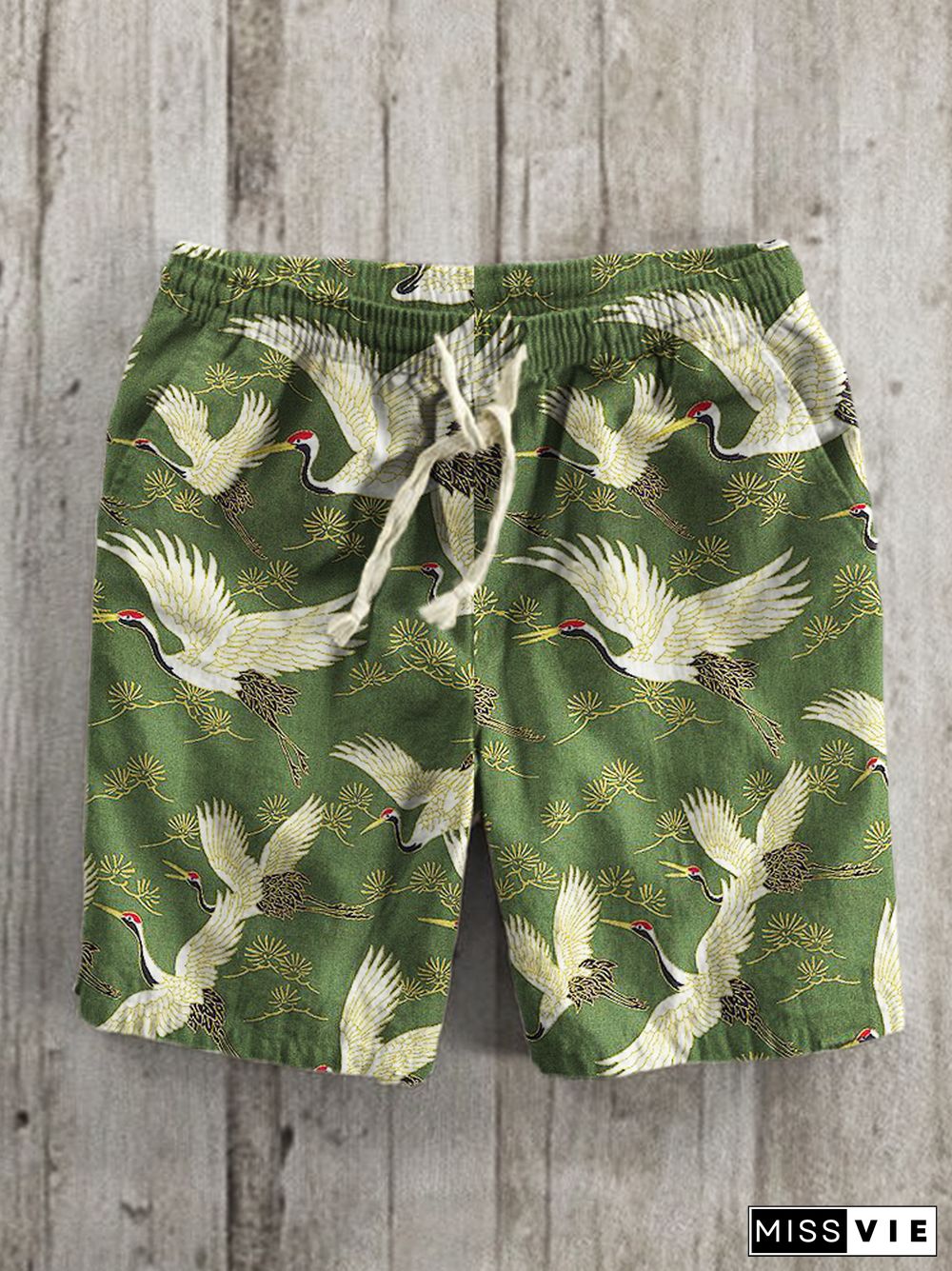 Cranes & Pine Trees Japanese Linen Blend Shorts