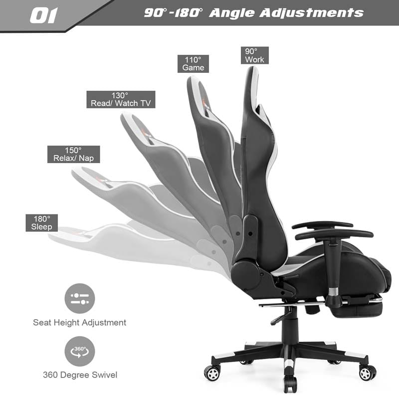 PU Leather Massage Gaming Chair with Footrest, Height Adjustable High Back Ergonomic Gamer Racing Recliner, Swivel PC Game Chair Office Chair