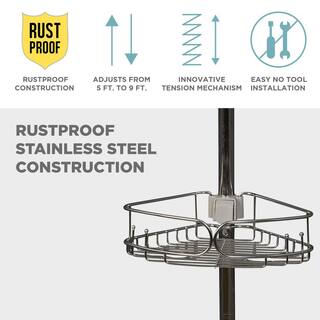 Zenna Home Rustproof Tension Pole Shower Caddy with 4 Baskets in Stainless Steel E2181STL