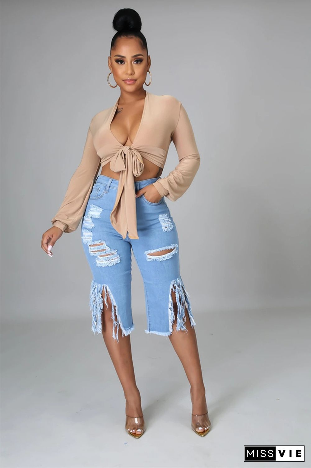 Tassel Ripped Stretch Crop Jeans Denim Shorts