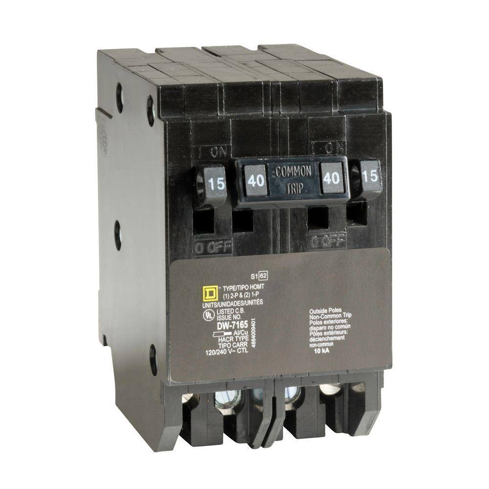 Square D Homeline (2) 15 Amp Single-Pole (1) 40 Amp 2-Pole Quad Tandem Circuit Breaker HOMT1515240CP