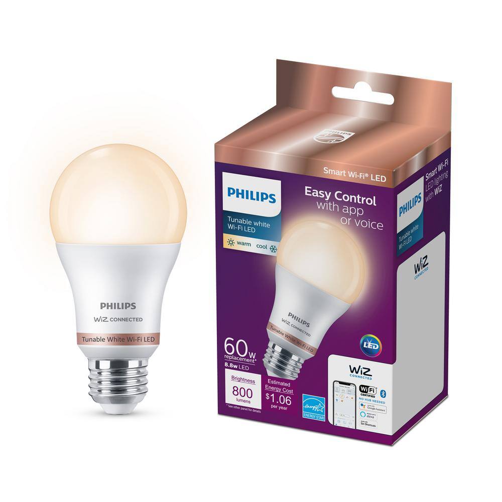 Philips 60-Watt Equivalent A19 LED Smart Wi-Fi Tunable White Smart Light Bulb powered by WiZ with Bluetooth (1-Pack) 562694